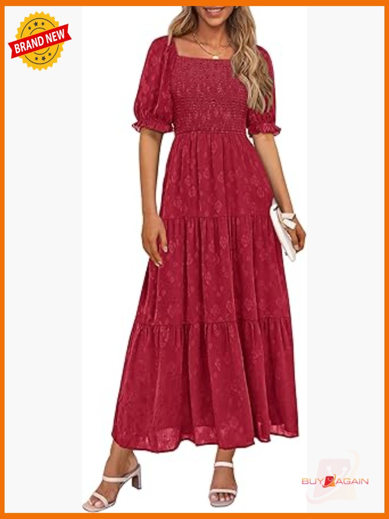 Square Neck Smocked Midi Dress Ruffle Sleeve A Line Flowy Boho